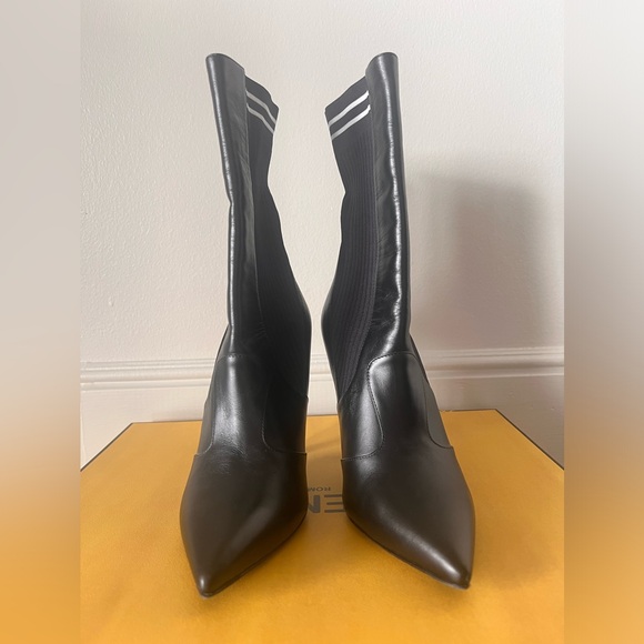 Fendi Leather Stretch Knit Ankle Boots Heels, 37.5 - Picture 2 of 10